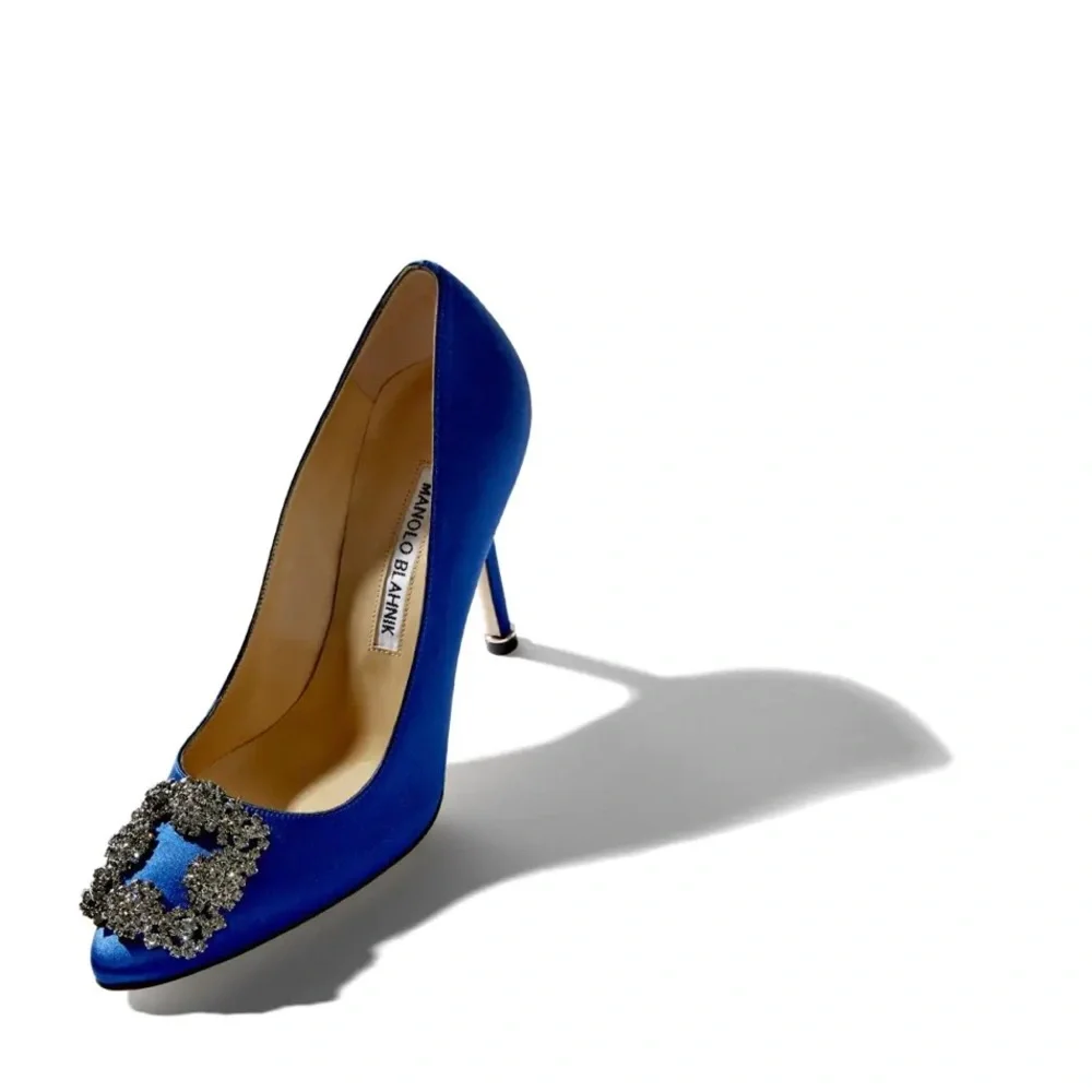 Manolo Blahnik Hangisi Blue Satin Jewel Pumps - Picture 2 of 13